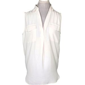 Ann Taylor White Collared V NECK Sleeveless Tunic Blouse Size Large